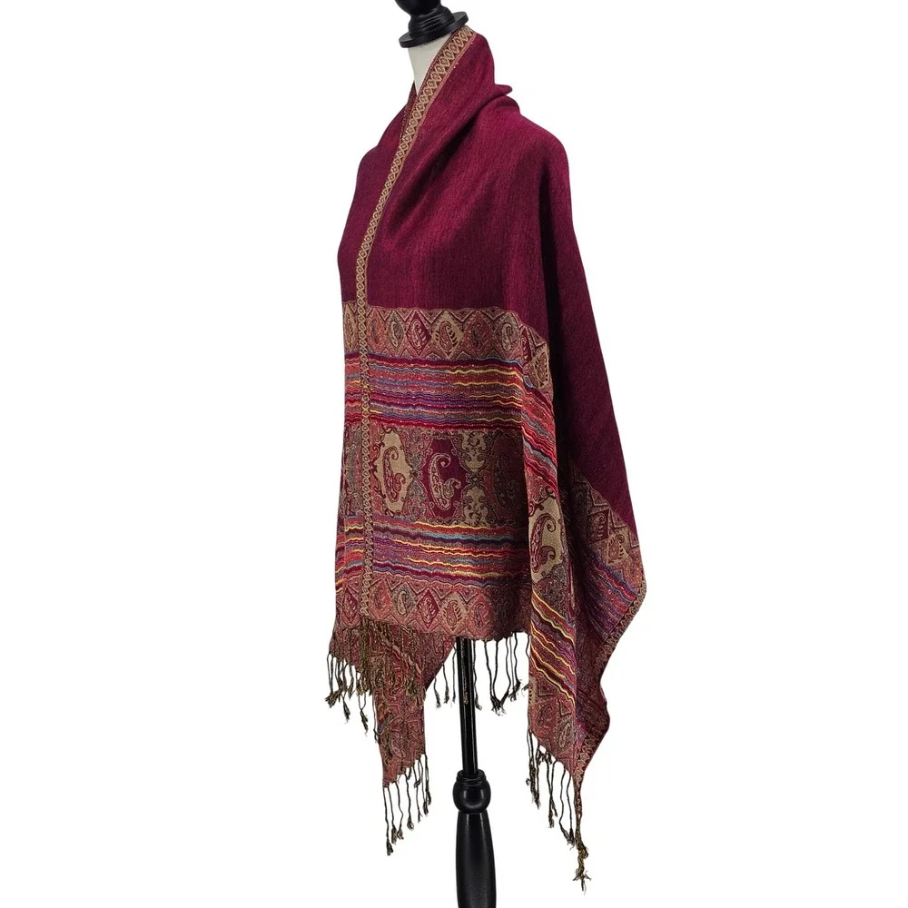 100% Pashmina Scarf Wrap Large Burgundy Paisley Boho Rainbow Tassel Luxury Shawl